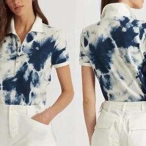 Lauren Ralph Lauren WOMENS Size XS Tie-Dye Pique Polo Shirt BLUE WHITE GOLD